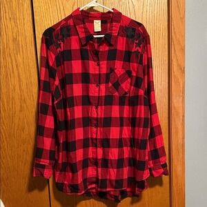 Faded Glory Womens Red Black Buffalo Plaid Shirt Embroidered Flowers Size 2X